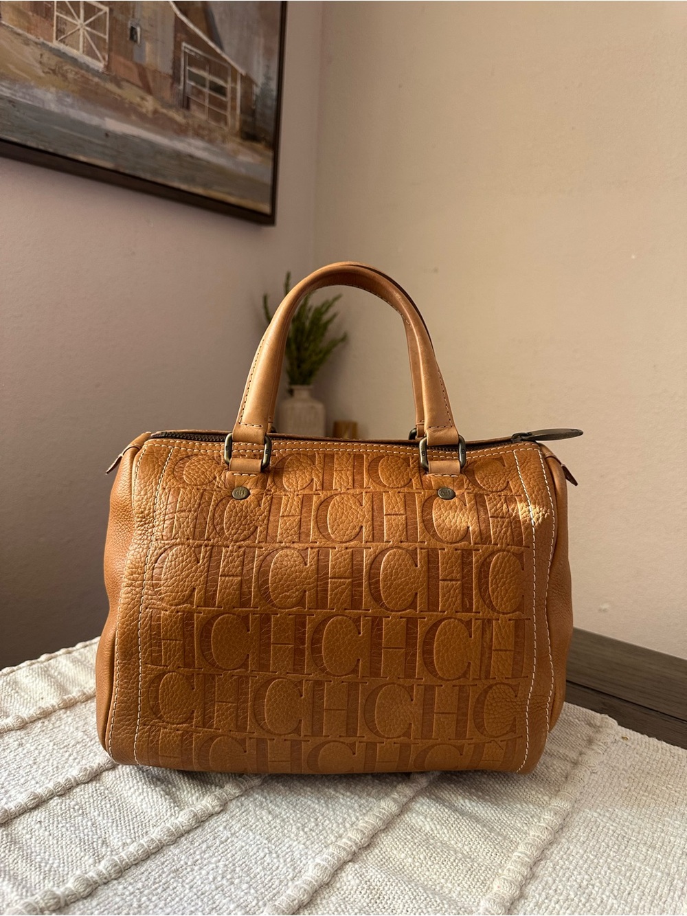 Carolina Herrera Cognac Embossed CH Leather Satchel